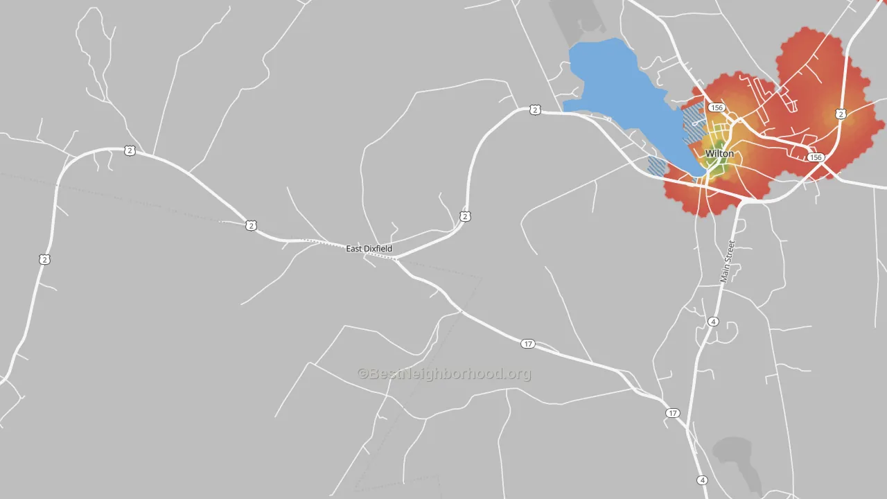 Walk Grade map of East Dixfield, ME, walkable areas in green and car-dependent areas in red