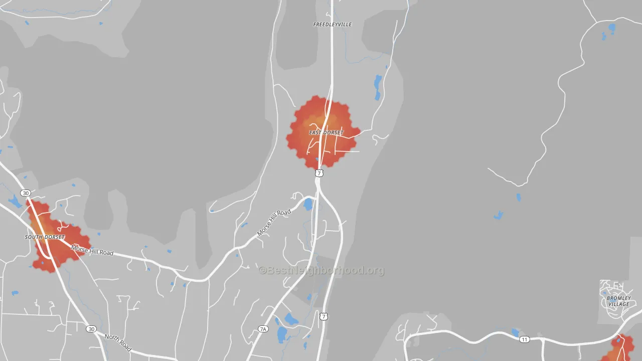 Walk Grade map of East Dorset, VT, walkable areas in green and car-dependent areas in red