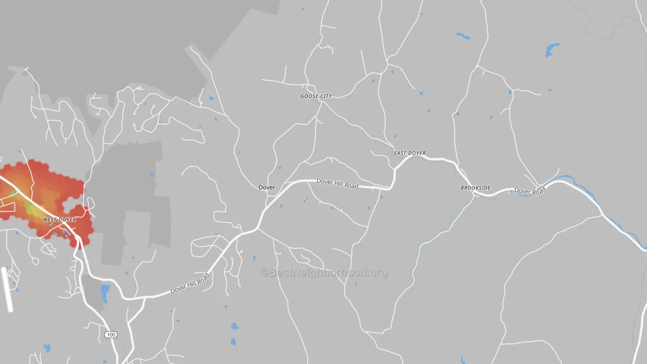 Walk Grade map of East Dover, VT, walkable areas in green and car-dependent areas in red