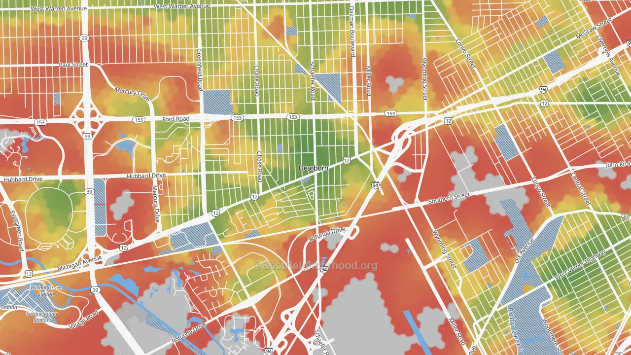 Walk Grade map of East Downtown Dearborn, Dearborn, MI, walkable areas in green and car-dependent areas in red