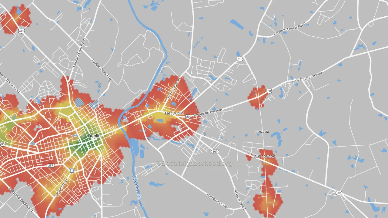 Walk Grade map of East Dublin, GA, walkable areas in green and car-dependent areas in red