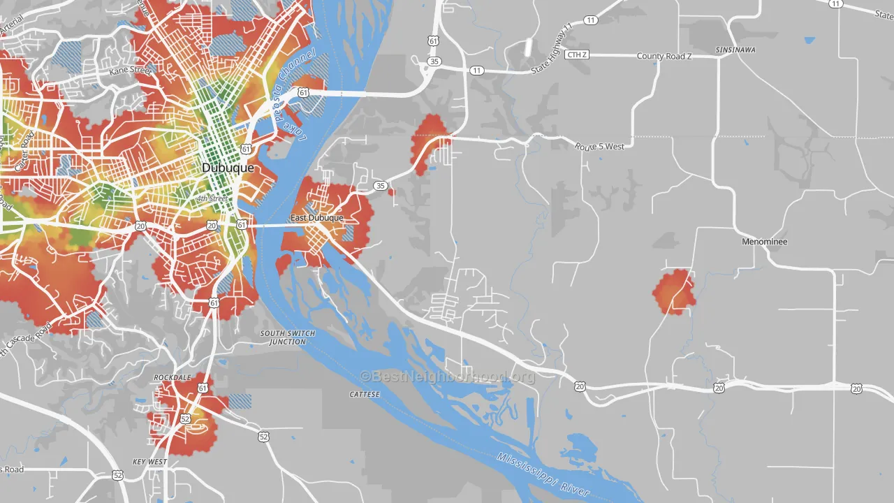 Walk Grade map of East Dubuque, IL, walkable areas in green and car-dependent areas in red
