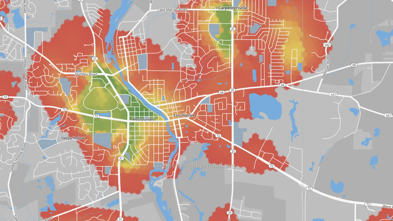 Walk Grade map of East Dundee, IL, walkable areas in green and car-dependent areas in red