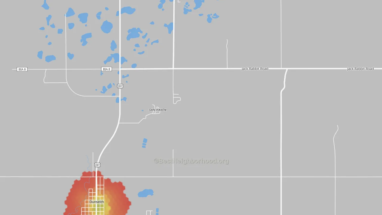 Walk Grade map of East Dunseith, ND, walkable areas in green and car-dependent areas in red