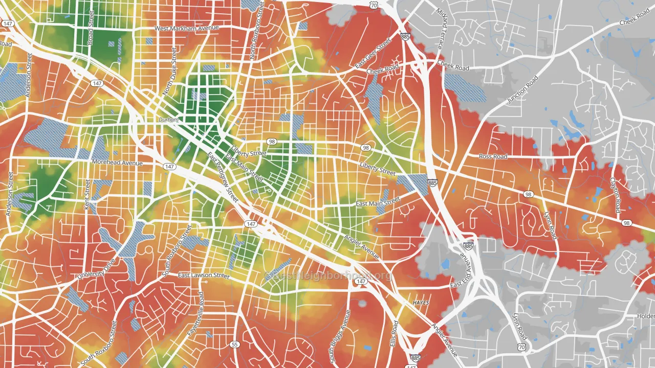 Walk Grade map of East Durham, Durham, NC, walkable areas in green and car-dependent areas in red
