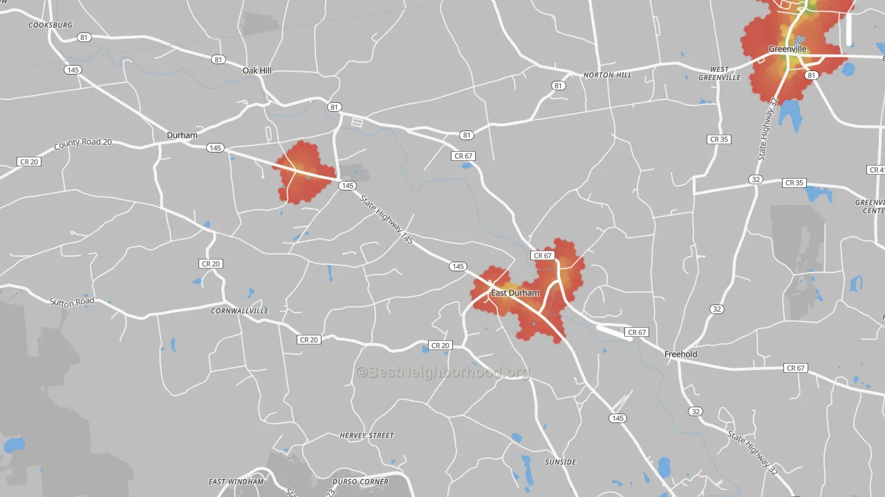 Walk Grade map of East Durham, NY, walkable areas in green and car-dependent areas in red