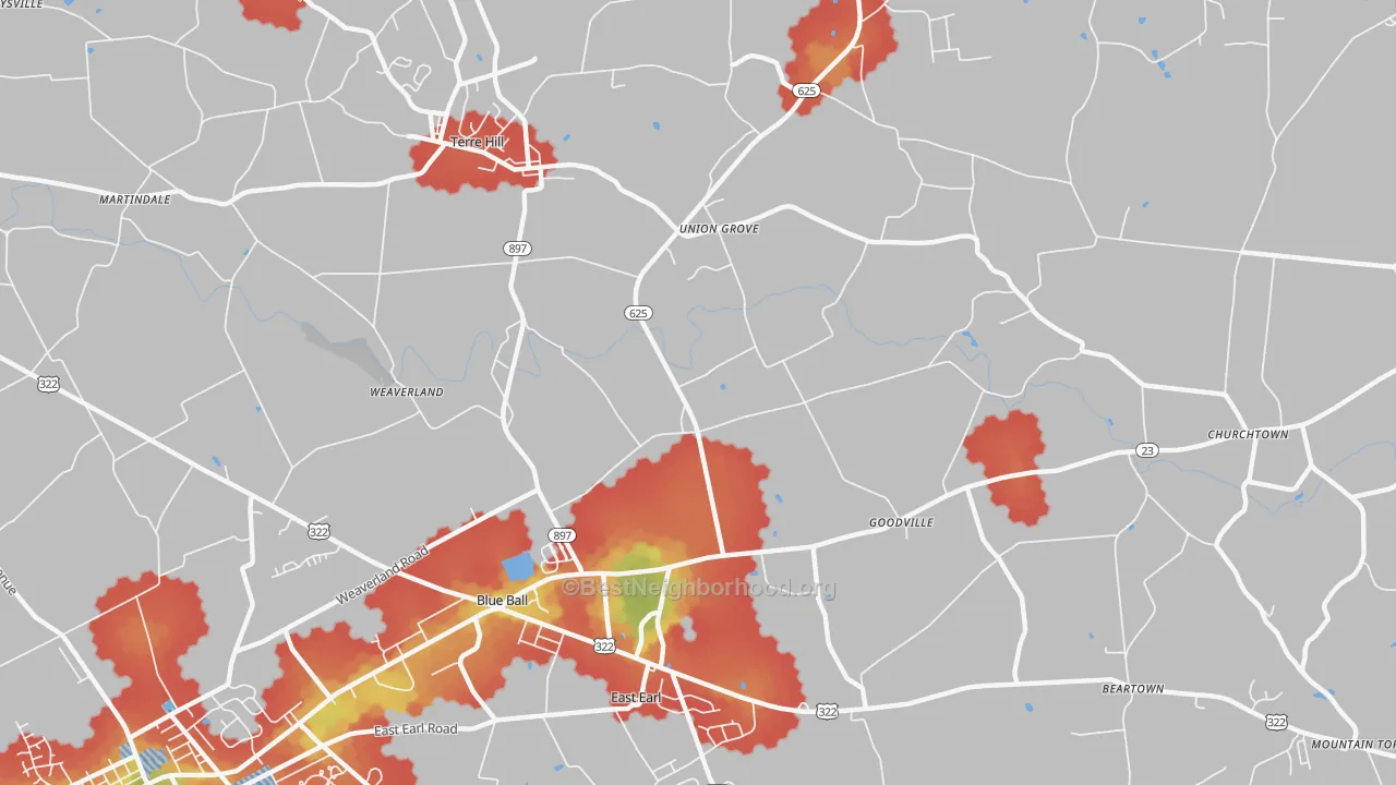 Walk Grade map of East Earl, PA, walkable areas in green and car-dependent areas in red