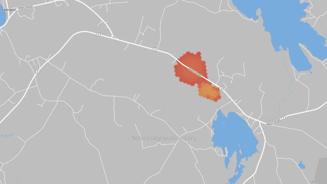Walk Grade map of East Eddington, ME, walkable areas in green and car-dependent areas in red