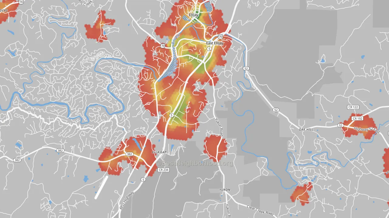 Walk Grade map of East Ellijay, GA, walkable areas in green and car-dependent areas in red