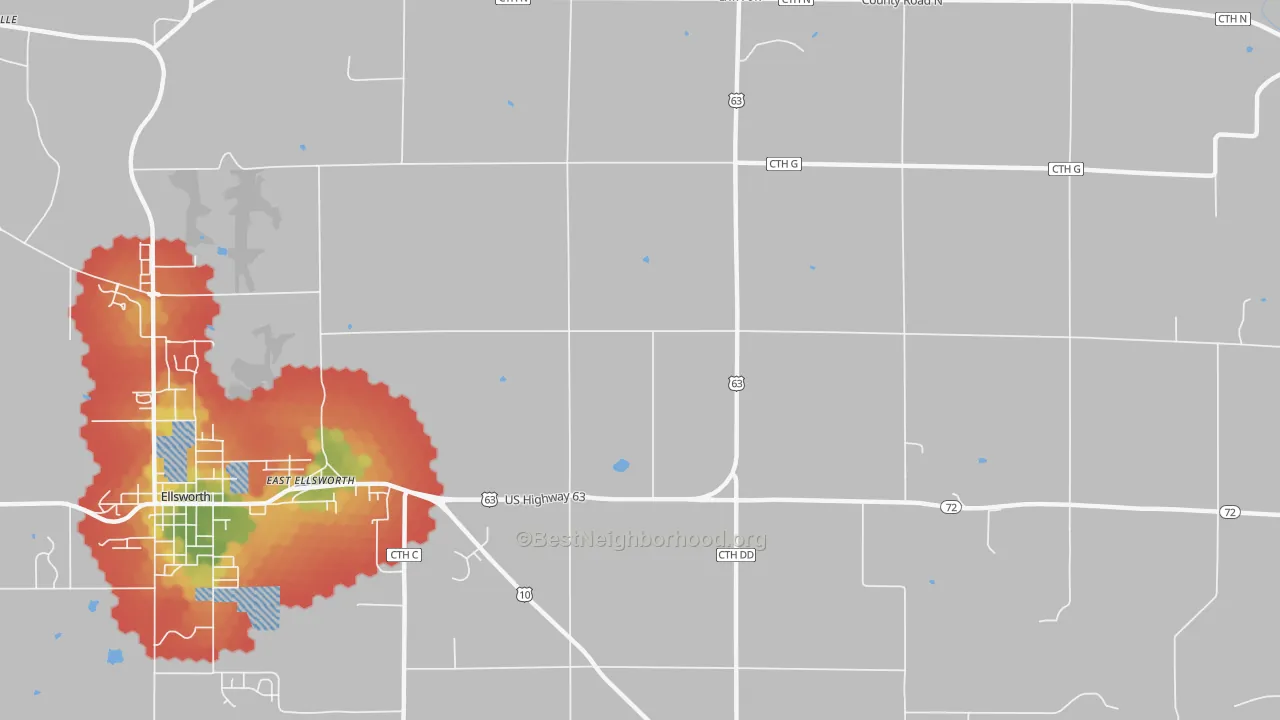 Walk Grade map of East Ellsworth, WI, walkable areas in green and car-dependent areas in red