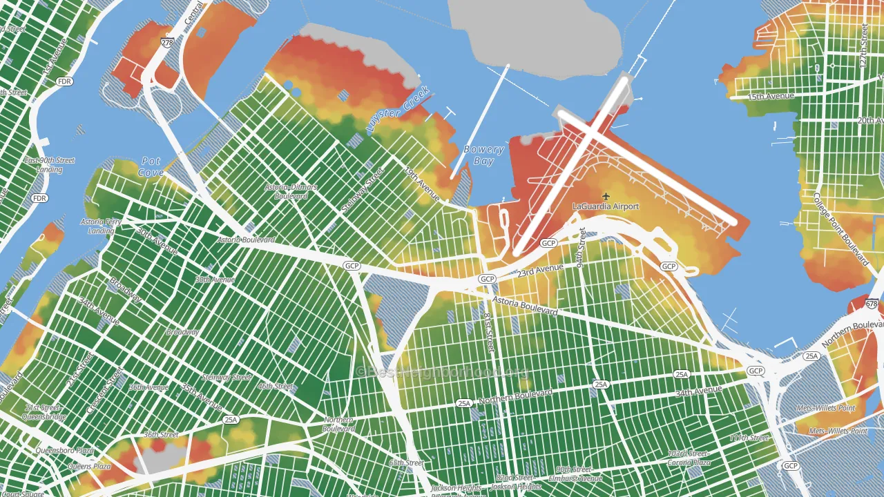 Walk Grade map of East Elmhurst, Queens, NY, walkable areas in green and car-dependent areas in red