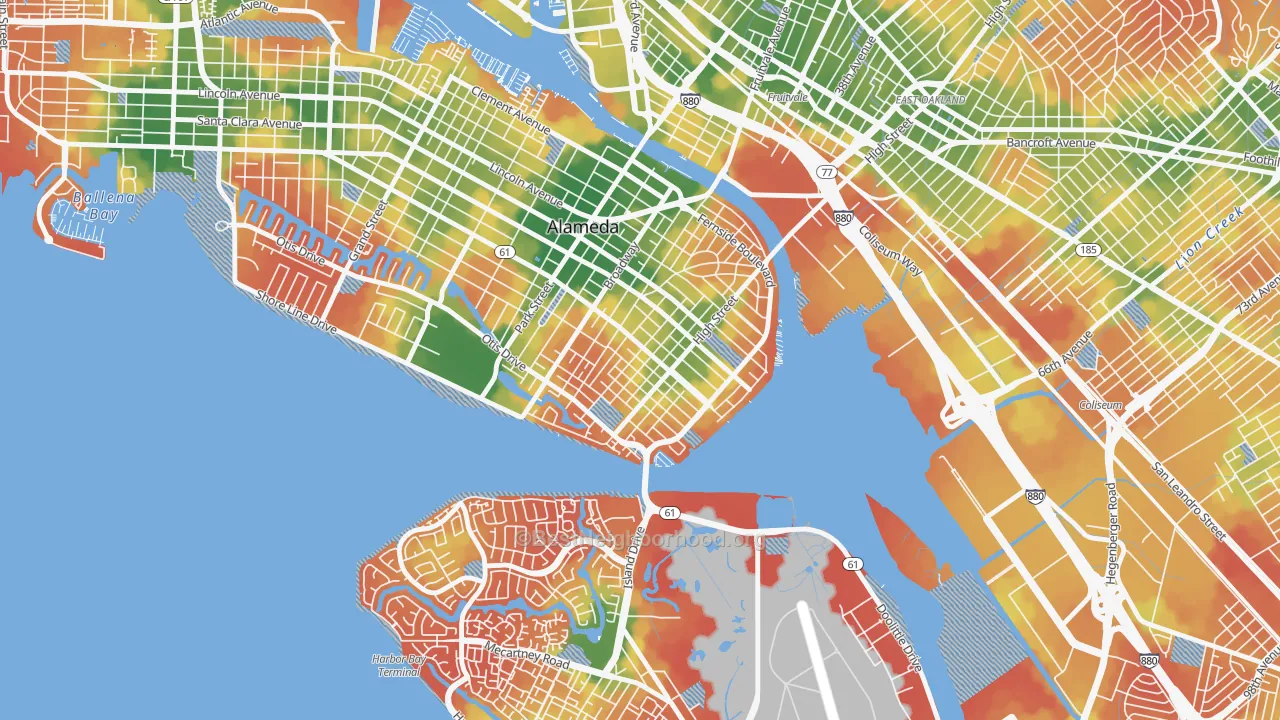 Walk Grade map of East End, Alameda, CA, walkable areas in green and car-dependent areas in red