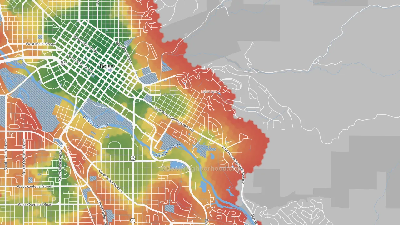 Walk Grade map of East End, Boise, ID, walkable areas in green and car-dependent areas in red