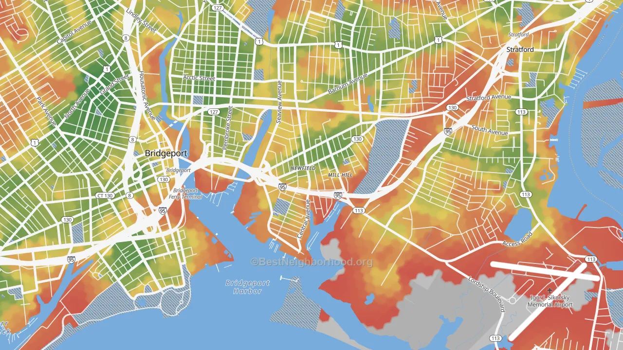 Walk Grade map of East End, Bridgeport, CT, walkable areas in green and car-dependent areas in red