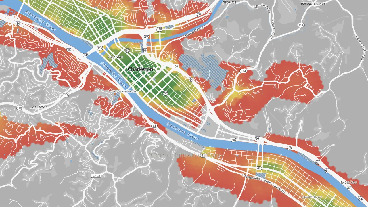Walk Grade map of East End, Charleston, WV, walkable areas in green and car-dependent areas in red