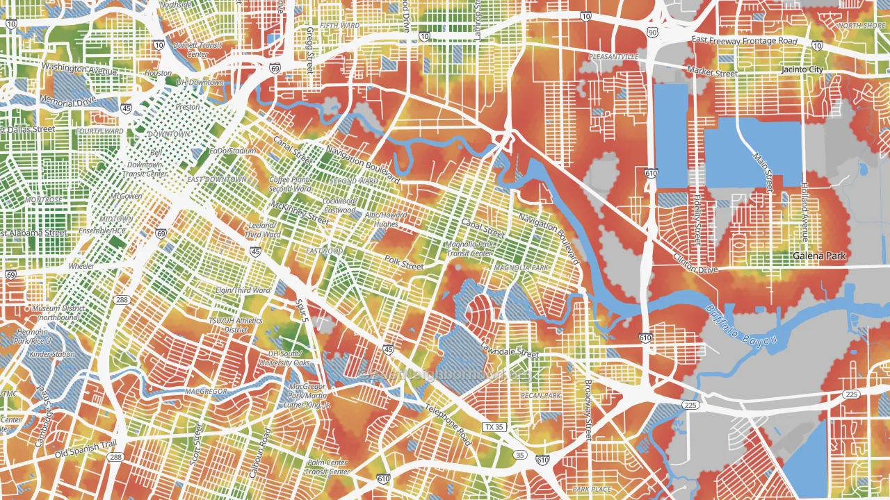 Walk Grade map of East End, Houston, TX, walkable areas in green and car-dependent areas in red