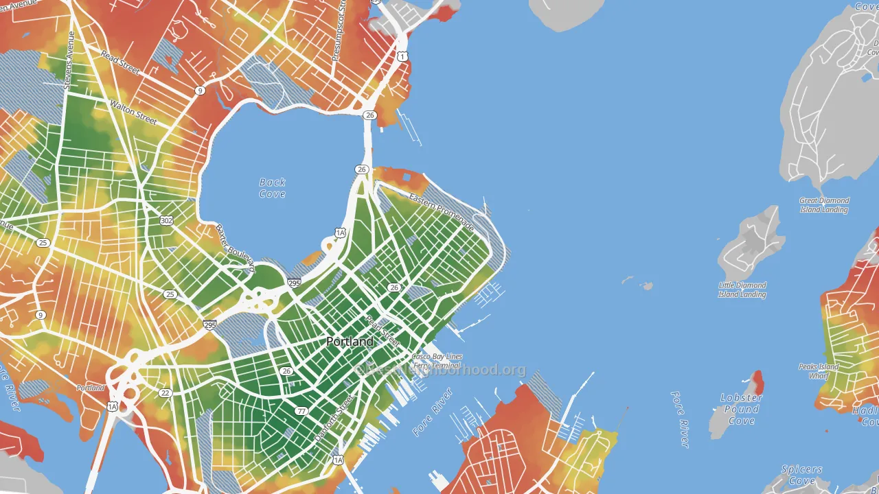Walk Grade map of East End, Portland, ME, walkable areas in green and car-dependent areas in red