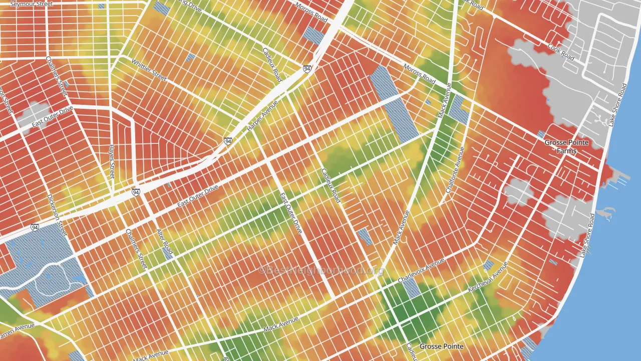 Walk Grade map of East English Village, Detroit, MI, walkable areas in green and car-dependent areas in red