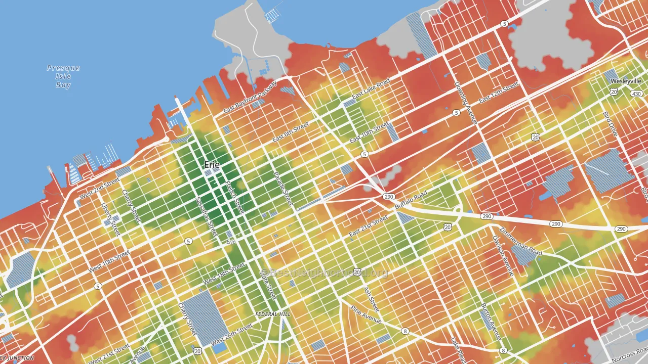Walk Grade map of East Erie, Erie, PA, walkable areas in green and car-dependent areas in red