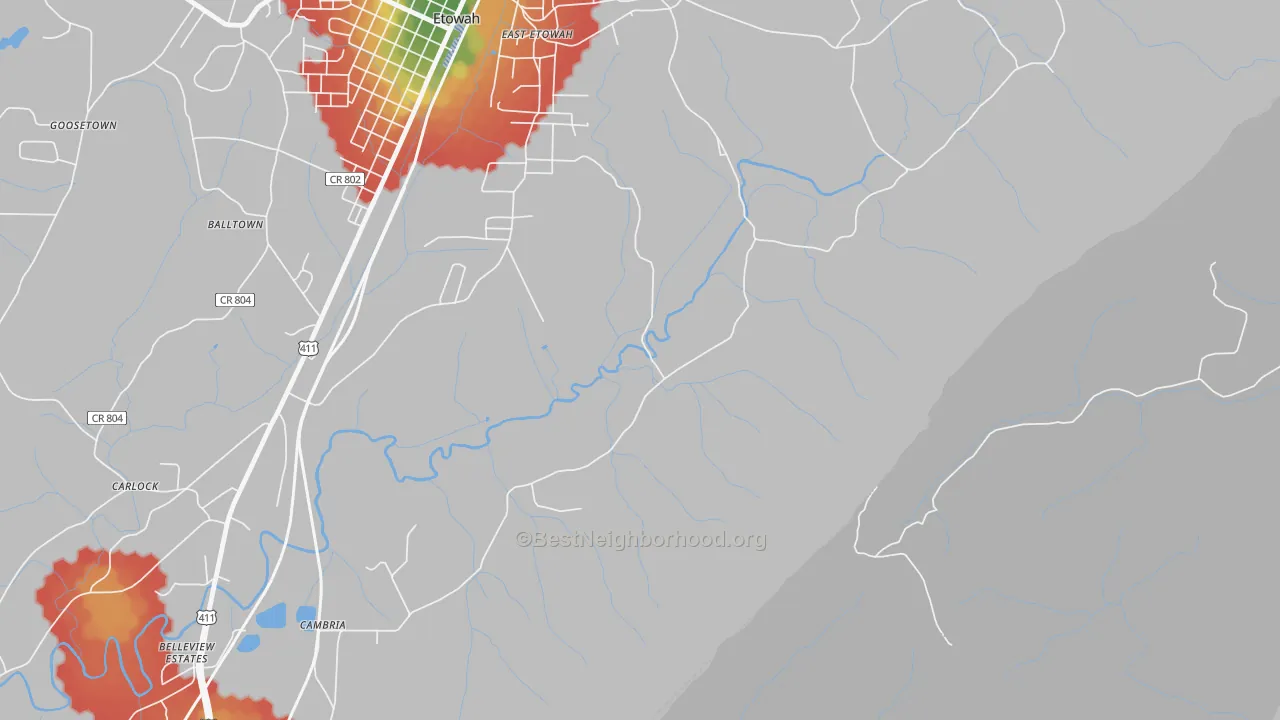 Walk Grade map of East Etowah, TN, walkable areas in green and car-dependent areas in red