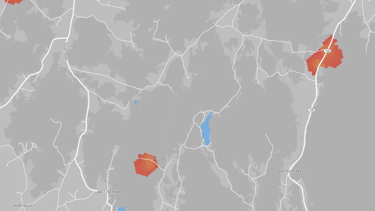Walk Grade map of East Fairfield, VT, walkable areas in green and car-dependent areas in red