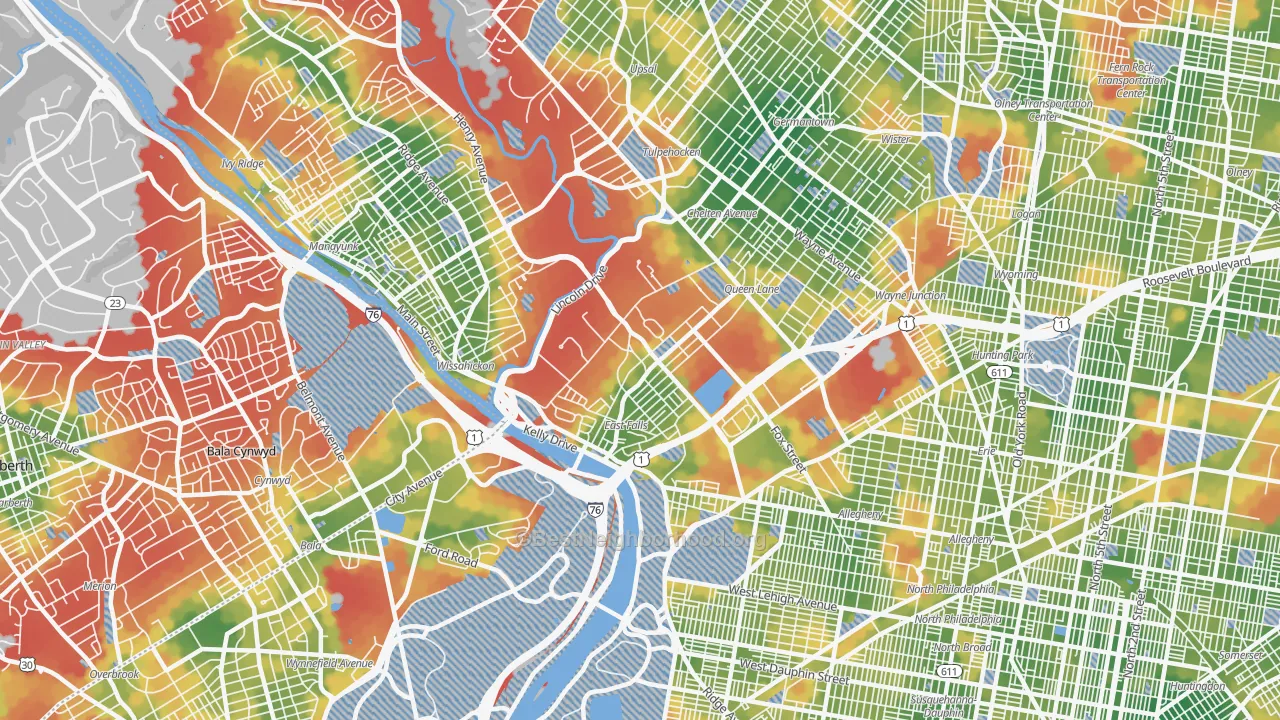 Walk Grade map of East Falls, Philadelphia, PA, walkable areas in green and car-dependent areas in red