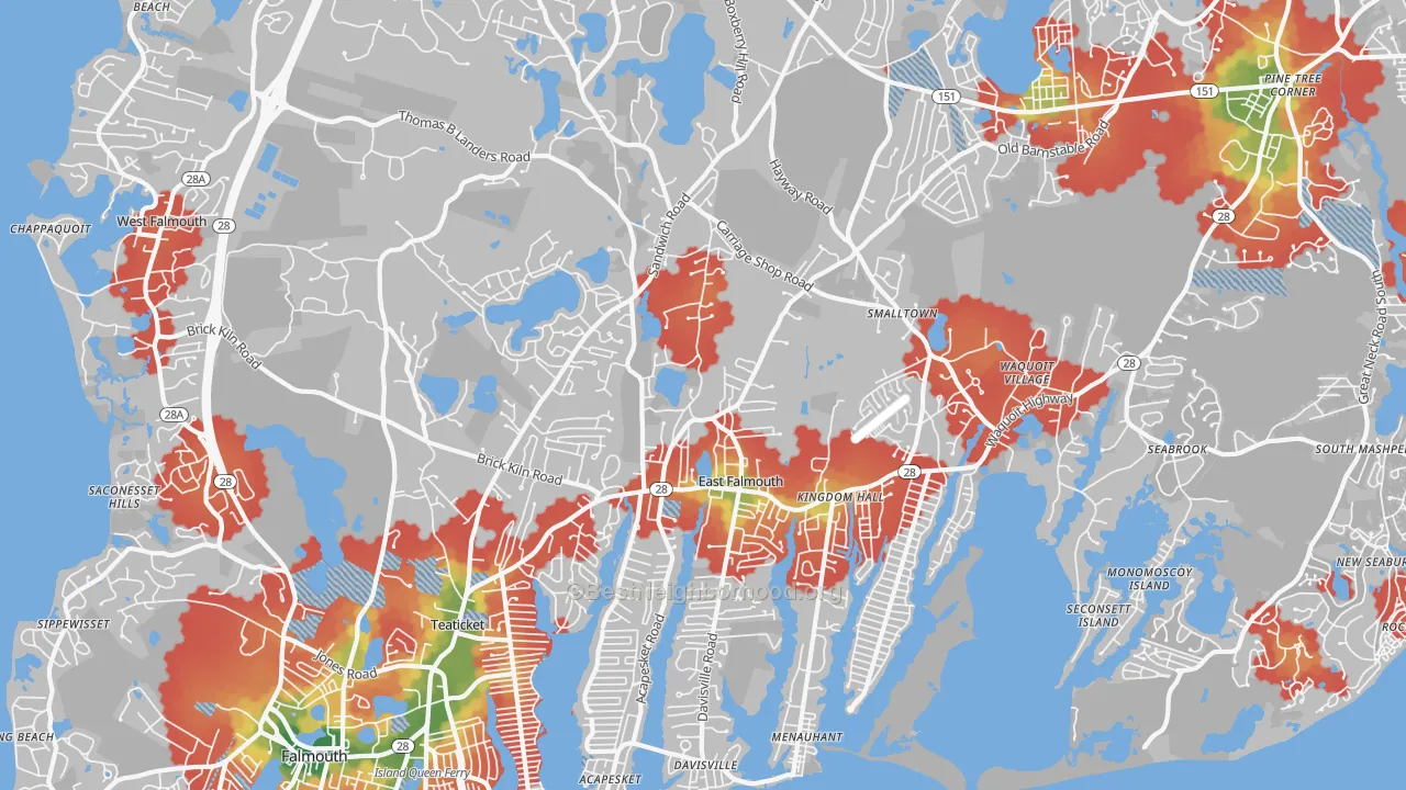 Walk Grade map of East Falmouth, MA, walkable areas in green and car-dependent areas in red