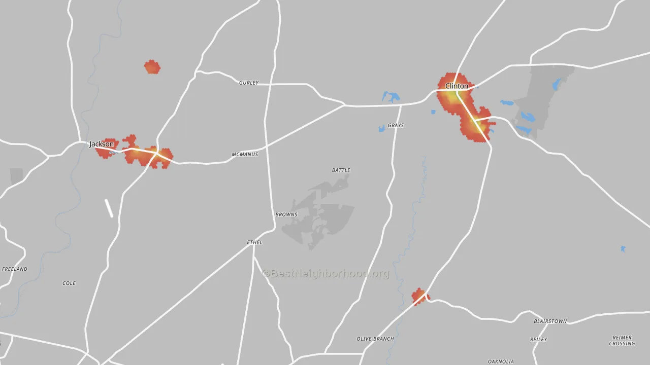 Walk Grade map of East Feliciana Parish, LA, walkable areas in green and car-dependent areas in red