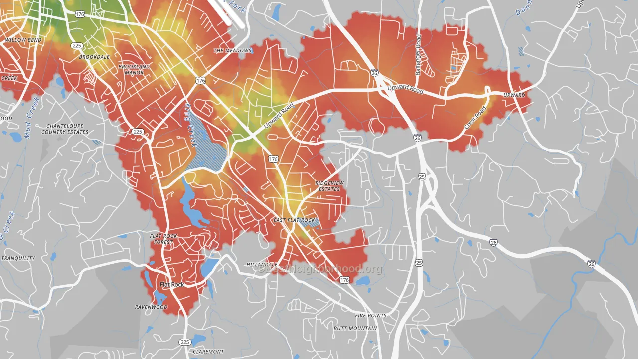Walk Grade map of East Flat Rock, NC, walkable areas in green and car-dependent areas in red