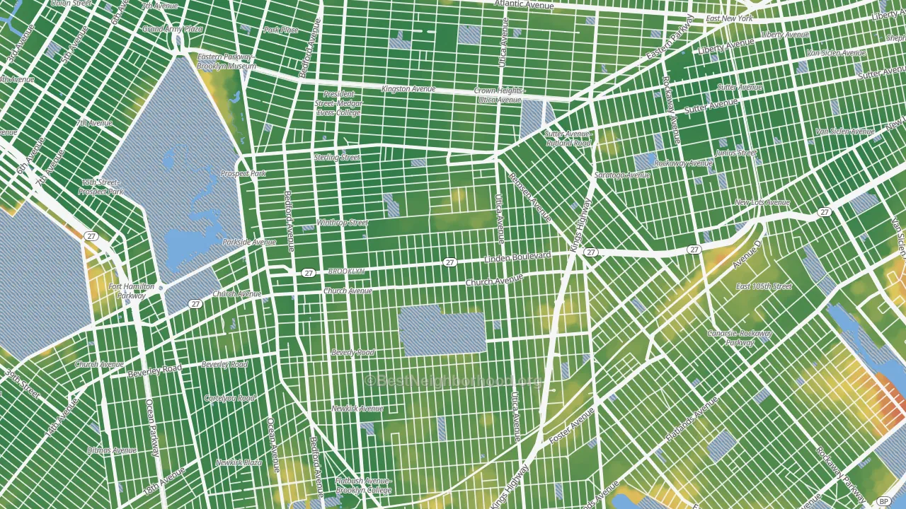 Walk Grade map of East Flatbush, Brooklyn, NY, walkable areas in green and car-dependent areas in red