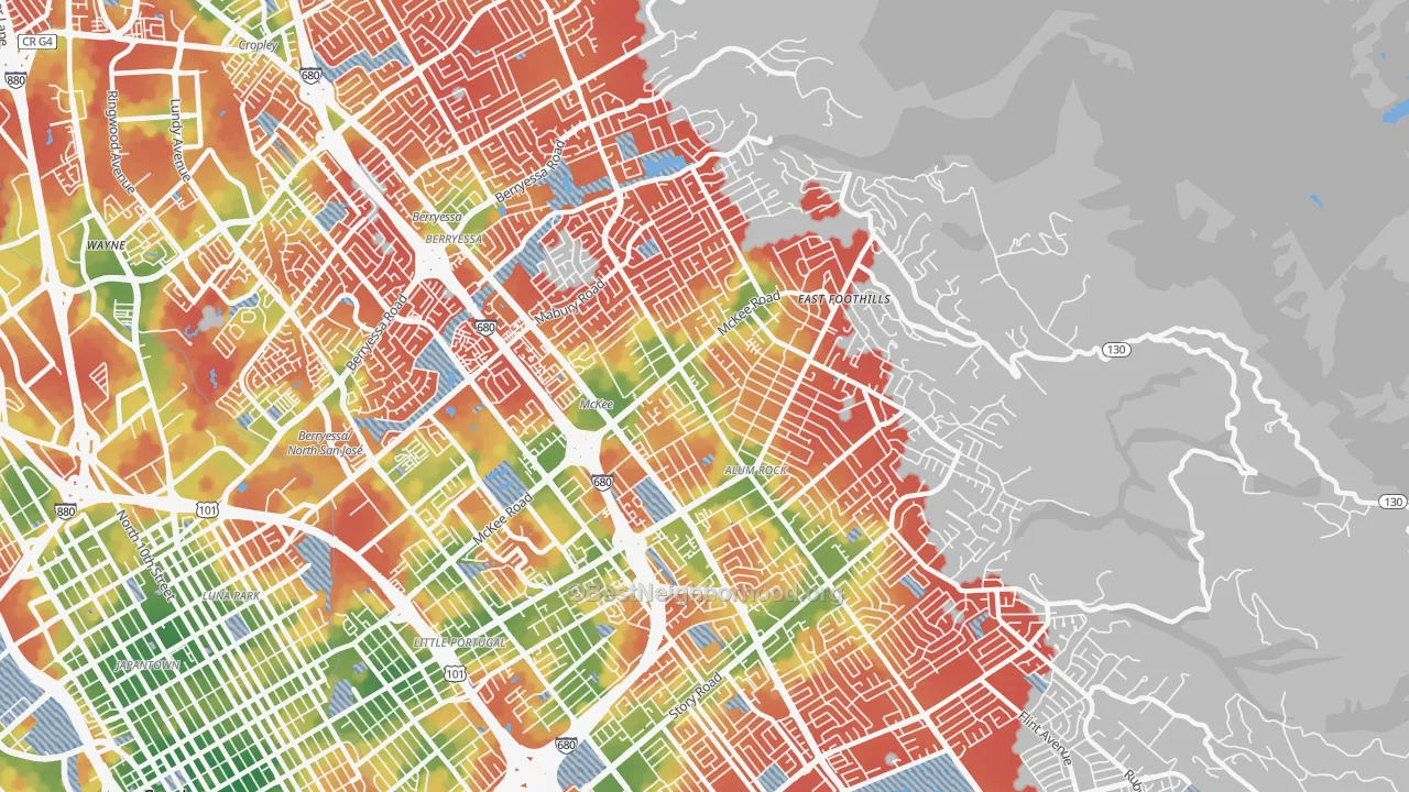 Walk Grade map of East Foothills, San Jose, CA, walkable areas in green and car-dependent areas in red