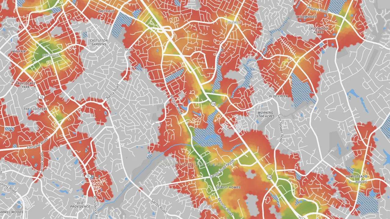 Walk Grade map of East Forest, Charlotte, NC, walkable areas in green and car-dependent areas in red