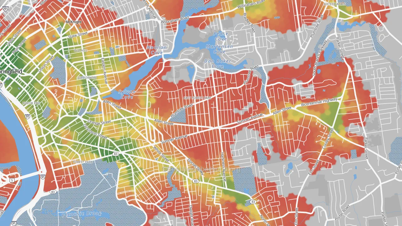 Walk Grade map of East Forest Park, Springfield, MA, walkable areas in green and car-dependent areas in red