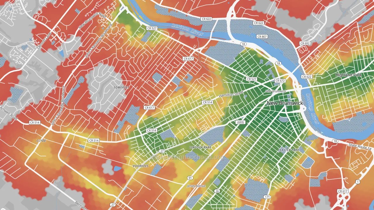 Walk Grade map of East Franklin, NJ, walkable areas in green and car-dependent areas in red