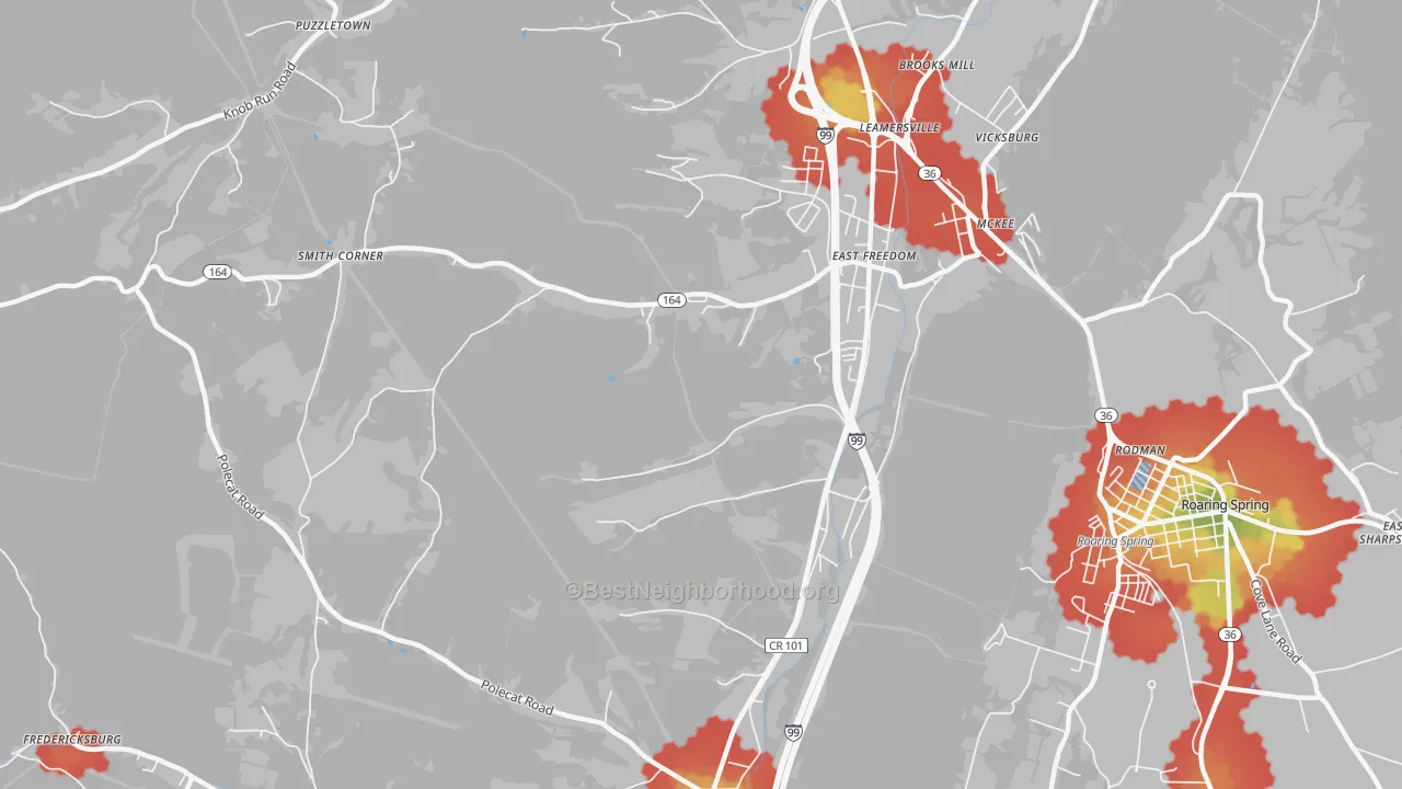 Walk Grade map of East Freedom, PA, walkable areas in green and car-dependent areas in red