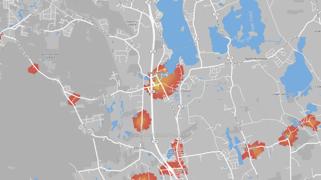 Walk Grade map of East Freetown, MA, walkable areas in green and car-dependent areas in red