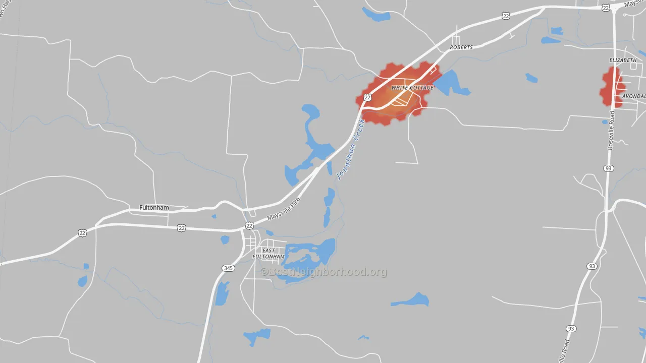 Walk Grade map of East Fultonham, OH, walkable areas in green and car-dependent areas in red