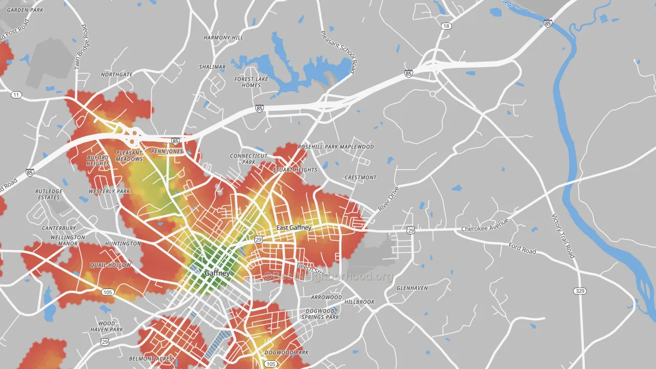 Walk Grade map of East Gaffney, SC, walkable areas in green and car-dependent areas in red