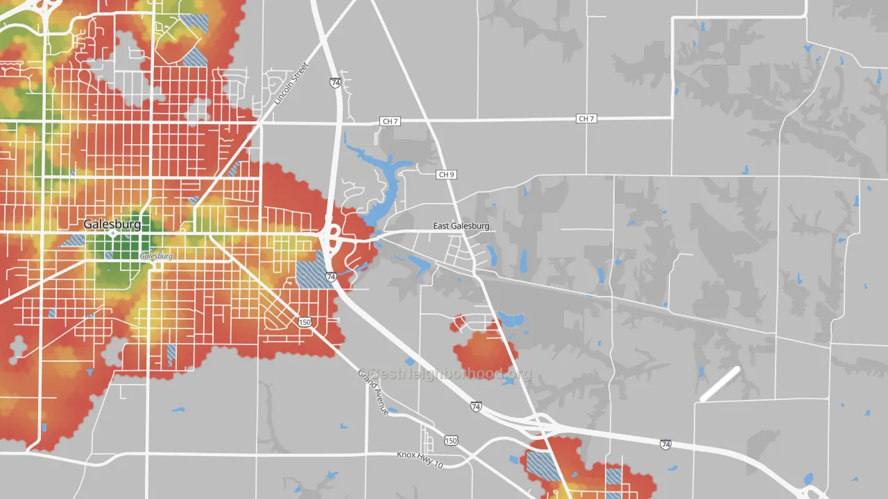 Walk Grade map of East Galesburg, IL, walkable areas in green and car-dependent areas in red