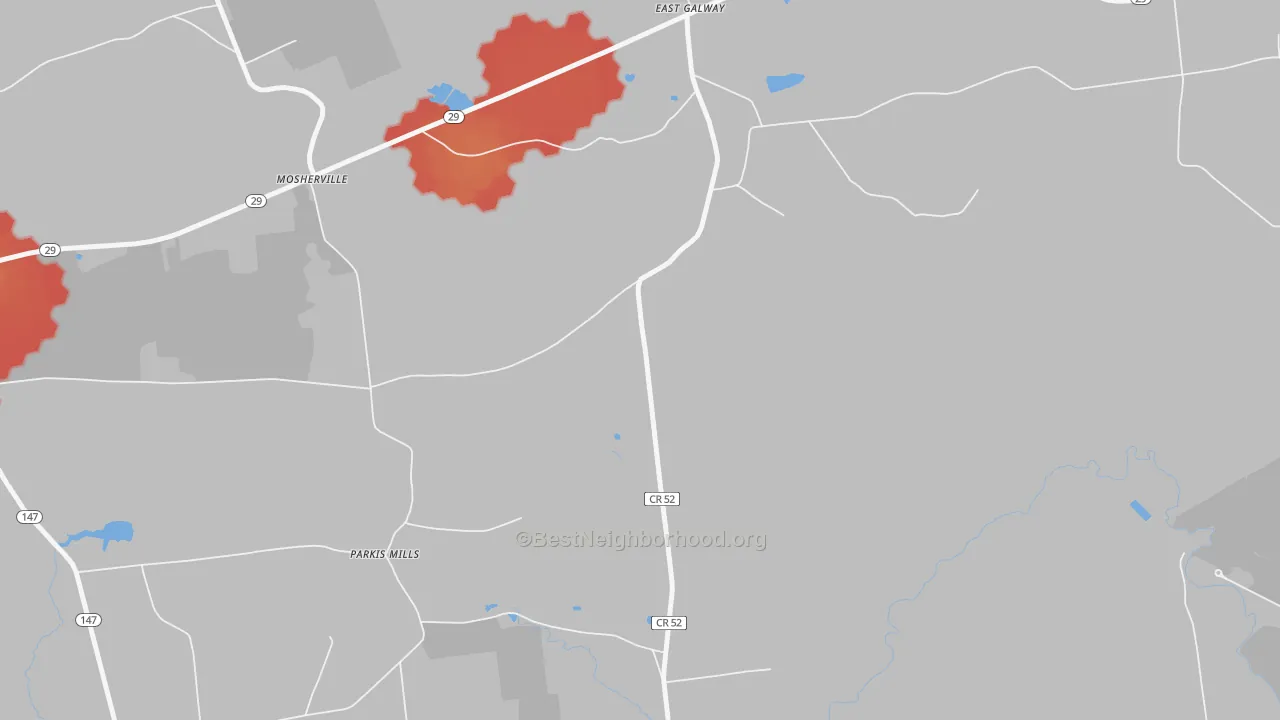 Walk Grade map of East Galway, NY, walkable areas in green and car-dependent areas in red