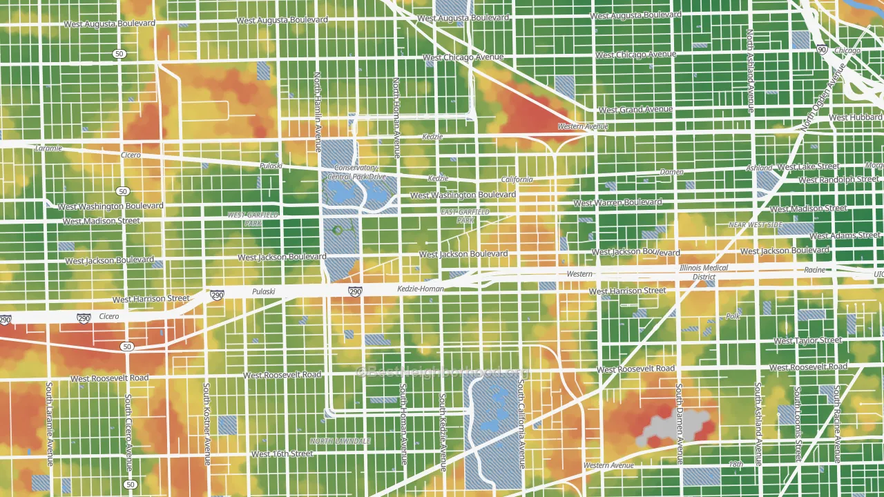 Walk Grade map of East Garfield Park, Chicago, IL, walkable areas in green and car-dependent areas in red