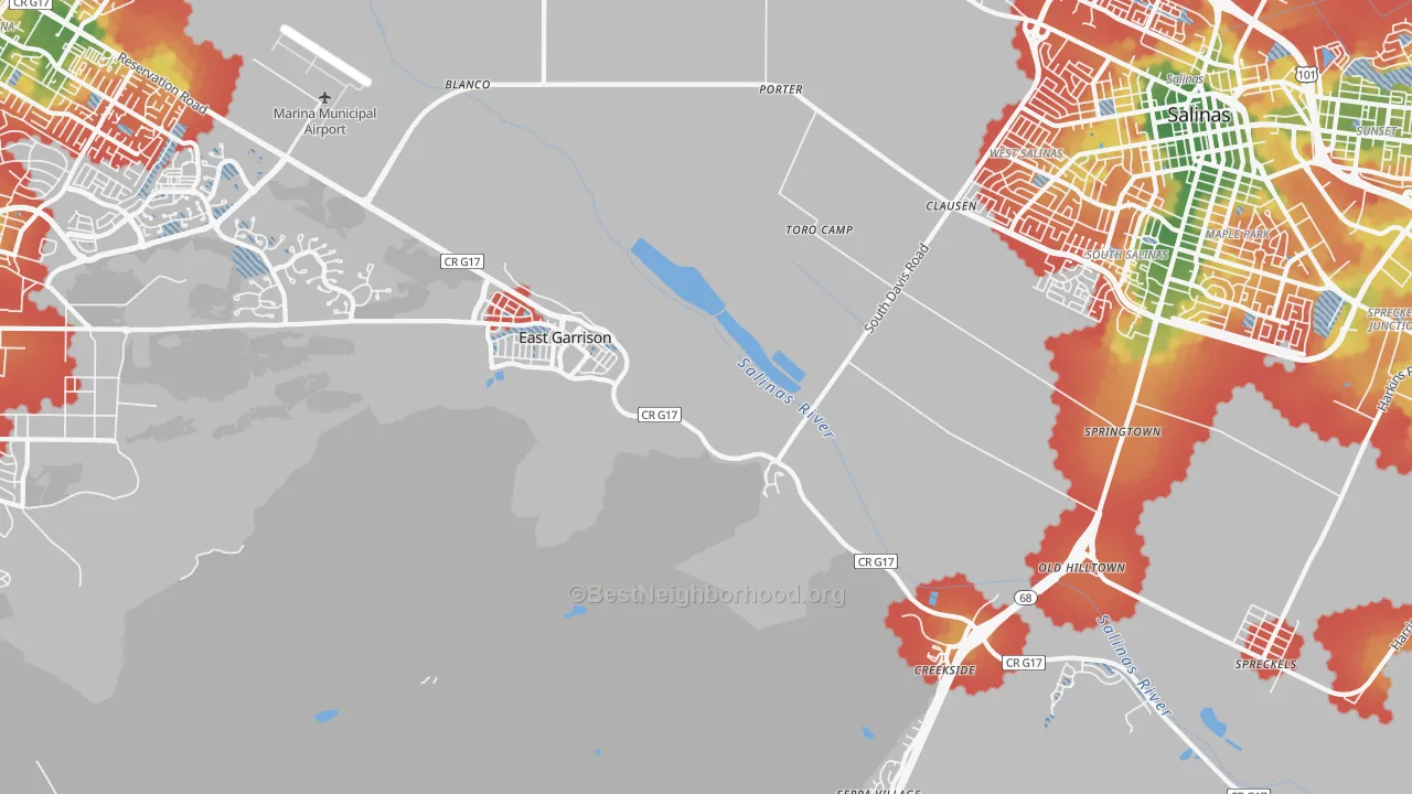 Walk Grade map of East Garrison, CA, walkable areas in green and car-dependent areas in red