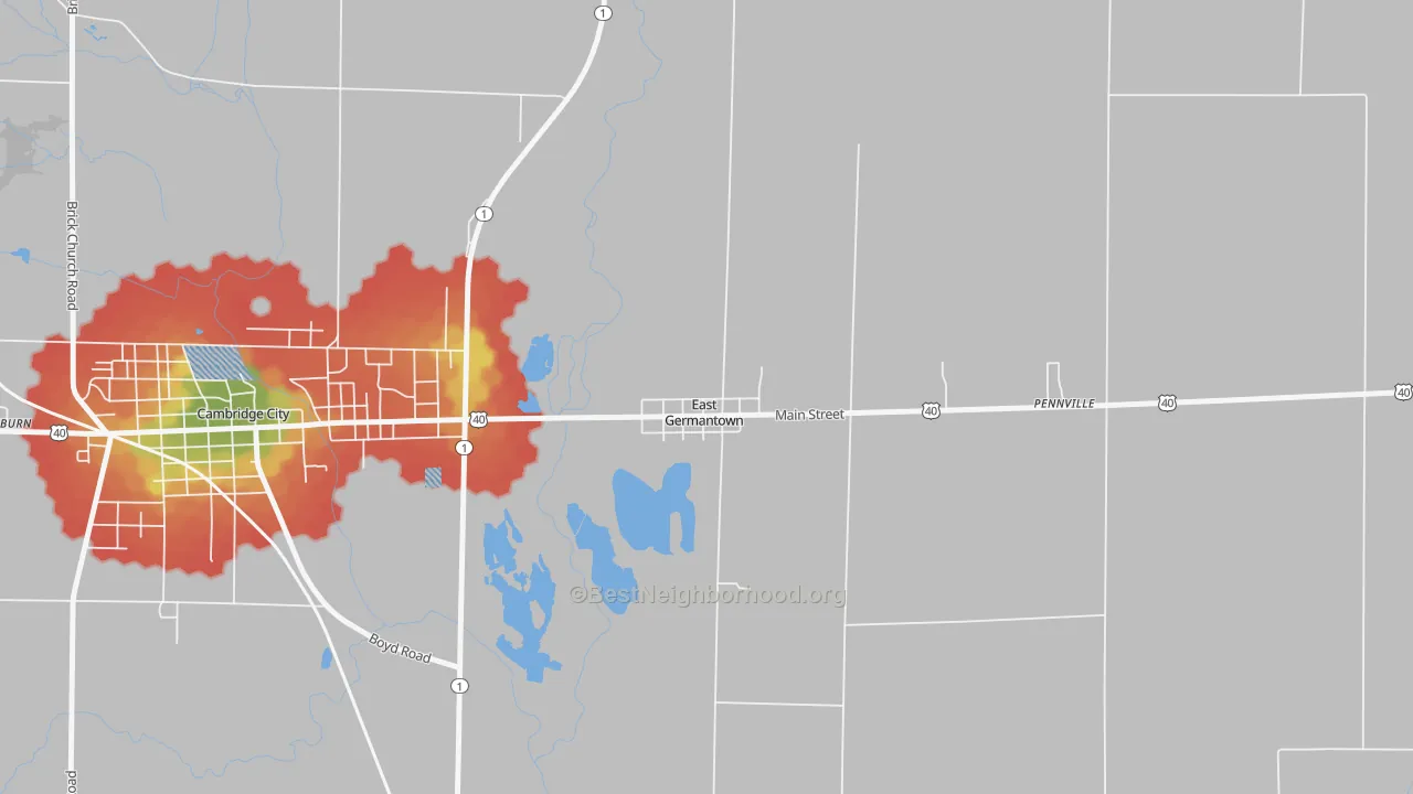 Walk Grade map of East Germantown, IN, walkable areas in green and car-dependent areas in red