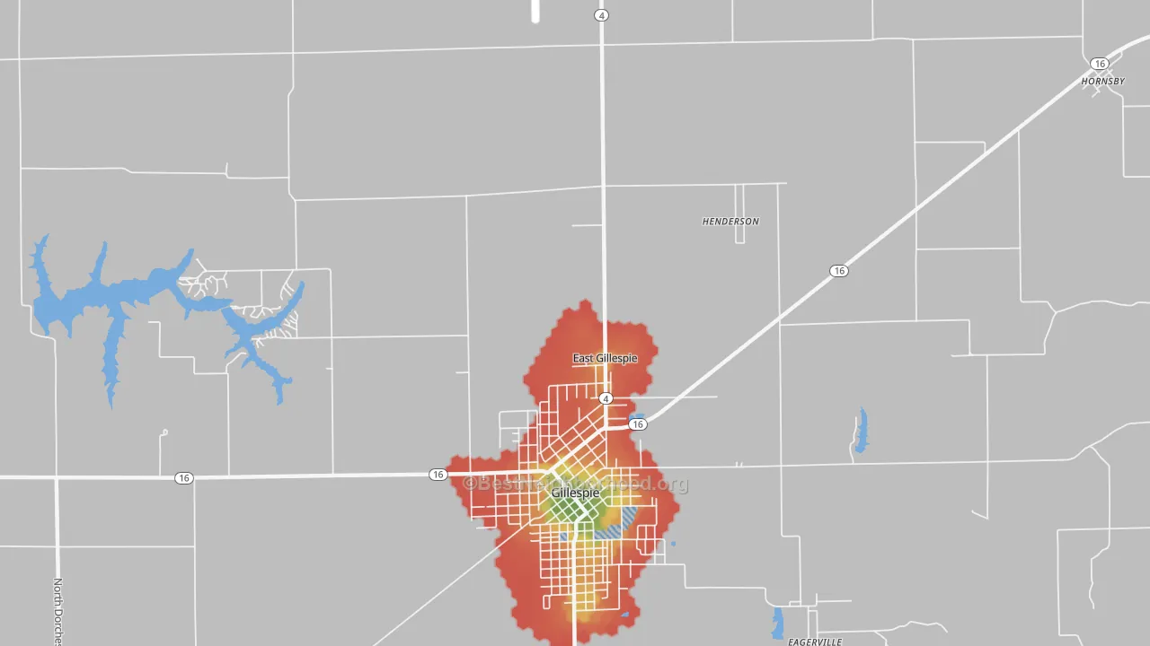 Walk Grade map of East Gillespie, IL, walkable areas in green and car-dependent areas in red