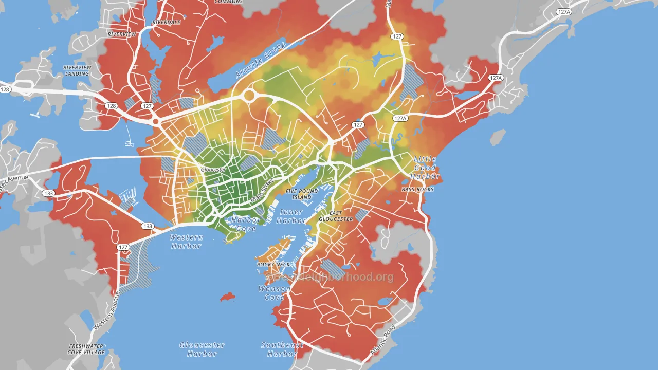 Walk Grade map of East Gloucester, Gloucester, MA, walkable areas in green and car-dependent areas in red