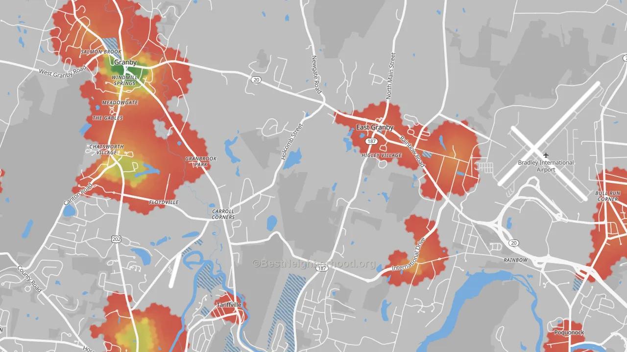 Walk Grade map of East Granby, CT, walkable areas in green and car-dependent areas in red