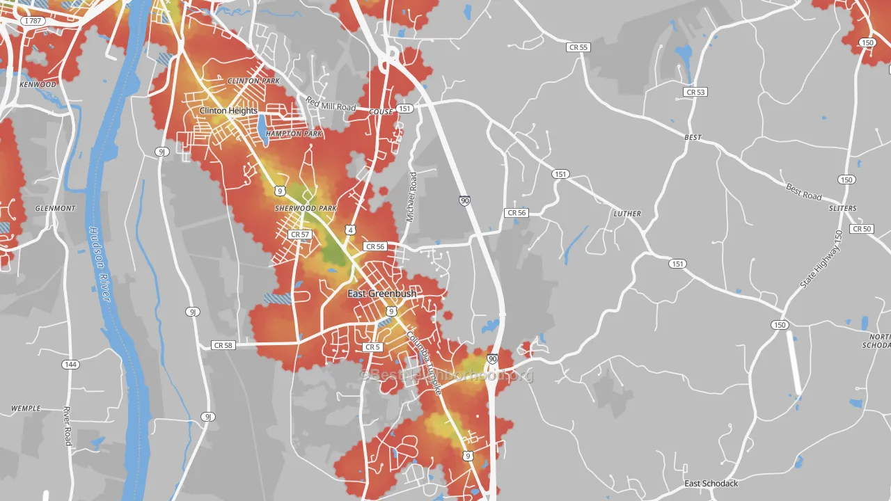 Walk Grade map of East Greenbush, NY, walkable areas in green and car-dependent areas in red