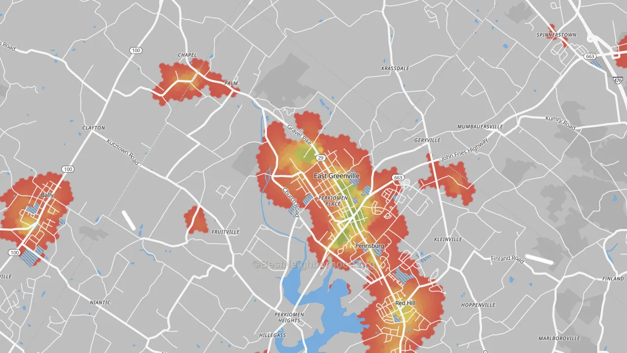 Walk Grade map of East Greenville, PA, walkable areas in green and car-dependent areas in red