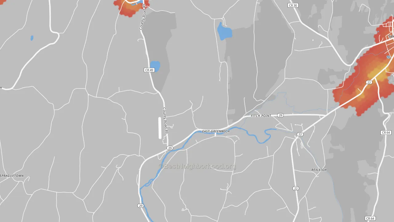 Walk Grade map of East Greenwich, NY, walkable areas in green and car-dependent areas in red