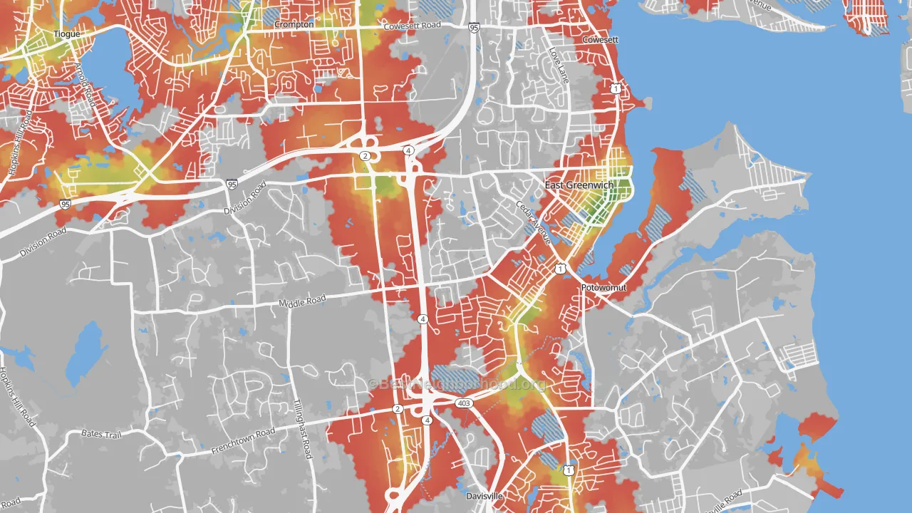 Walk Grade map of East Greenwich, RI, walkable areas in green and car-dependent areas in red